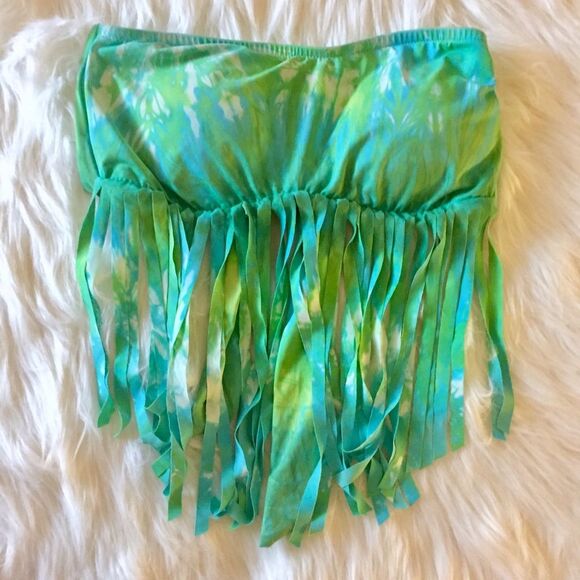 Lucky Brand M Summer Time Tie Dye Fringe Bandeau Bikini Top Swimsuit Green Boho - Picture 7 of 10
